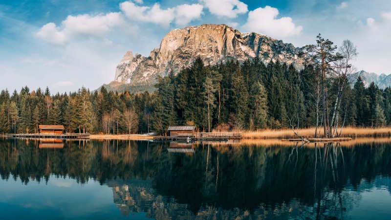 5K, mountain, wilderness, boathouse, nature, sky, lake, water, reflection