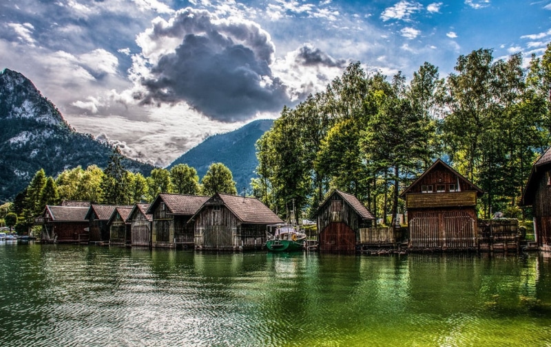 Austria, lake, 480P, mountains, boathouses, landscape, nature, trees, HDR, sunlight, clouds