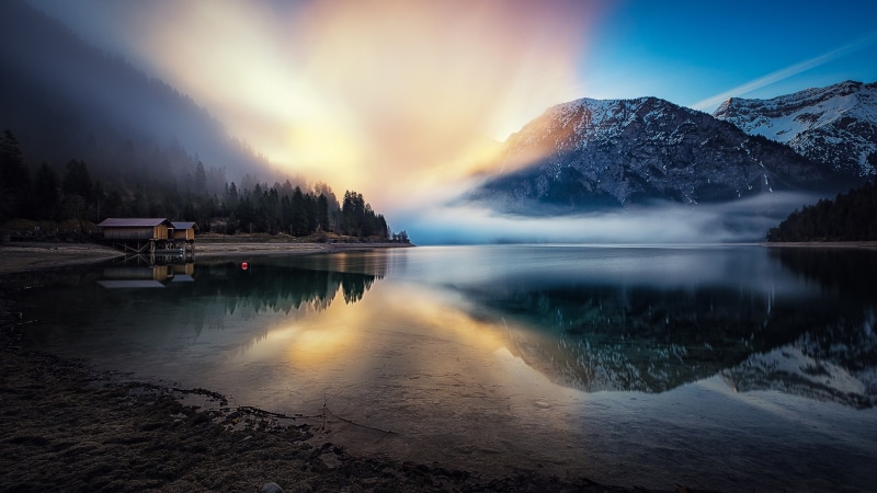 morning, mountain, lake, lake plansee, winter, tyrol, 1080P, reflection, plansee, mountain lake, dawn, boathouse, landscape