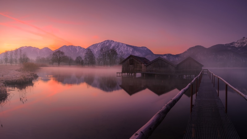 mountain range, mountain lake, reflection, mountain, water, purple landscape, dawn, bavaria, 4K, nature, boathouse, sky, lake, germany, kochel lake, calm