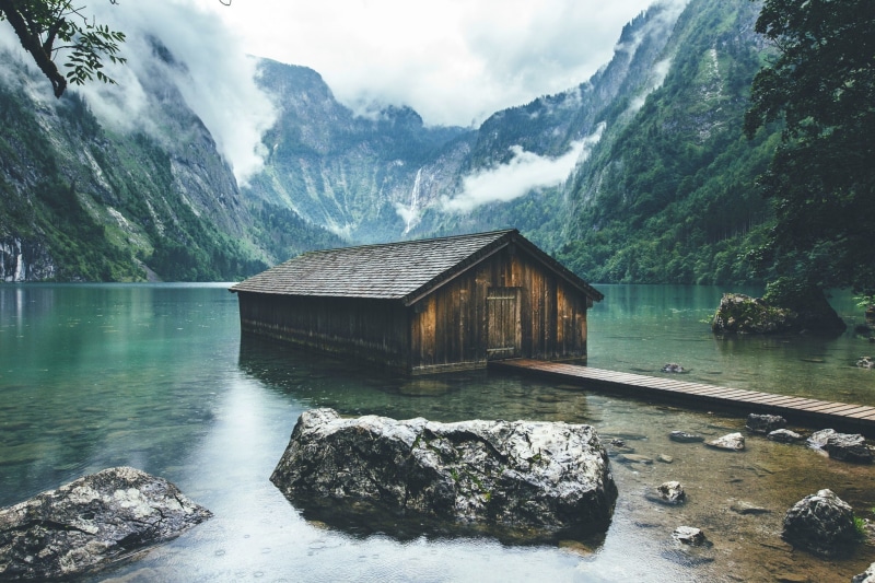 nature, Germany, mountains, 1080P, clouds, forest, lake, landscape, boathouses, Berchtesgaden National Park
