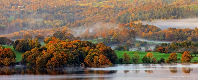 mist  mountain, orange Color, body water, autumn, Lake District, woodland, panoramic photography, nature, tree, fog  lake, yellow, trees, forest, near
