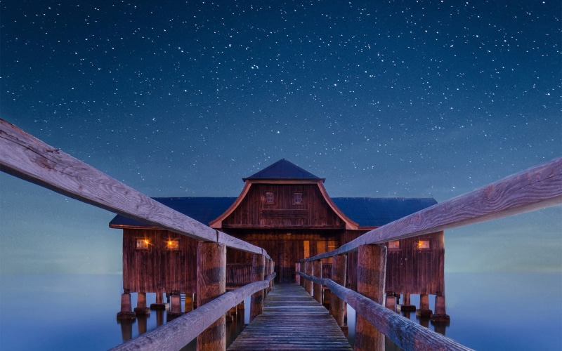 house, Night, wooden, Boathouse, Sea, Stars, brown, 1080P, Photography