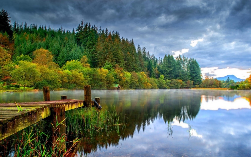 nature, lake, dock, green, clouds, dark, reflection, boathouses, trees, landscape, forest, 1080P