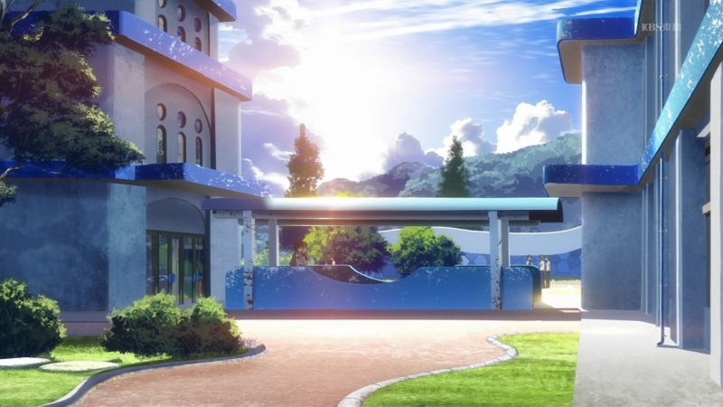 metal, building, lens flare, anime, white, front or back yard, residential district, nature, hedge, tree, day, sunny, shed, school, architecture, sky, house