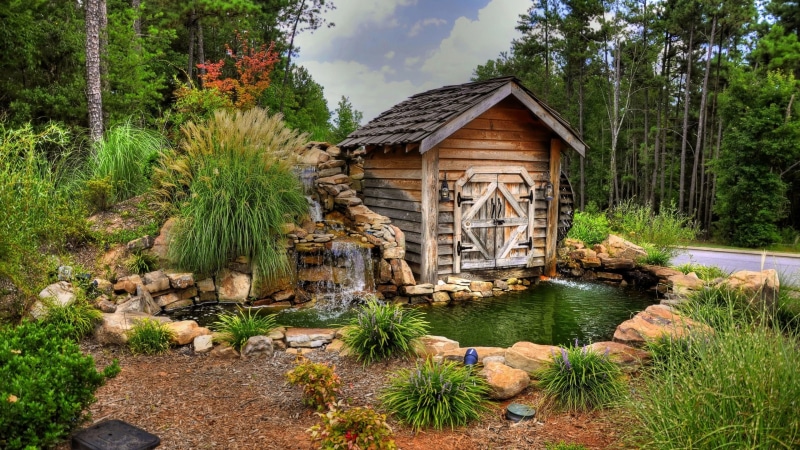 pond, landscape, backyard, waterfall, tree, garden, yard, 4K, mill, plant, shed, cottage, home, landscaping, estate, watermill, outdoor structure