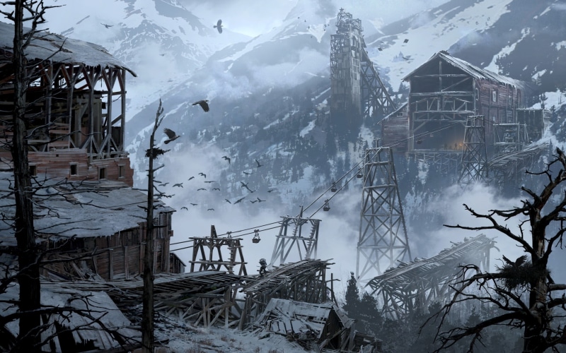 beauty in nature, near, video games, building exterior, outdoors, snow, 2K, mountain, residential district, frozen, no people, brown, architecture, snowcapped mountain