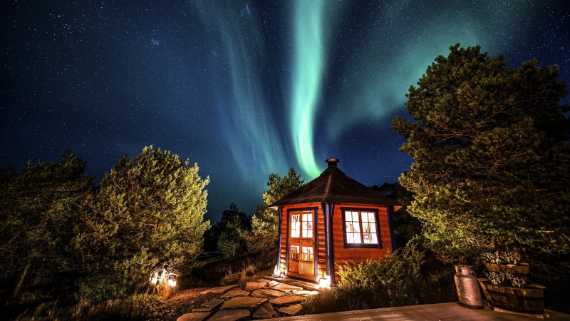 tree, architecture, building, space and astronomy, space, star - space, house, illuminated, building exterior, aurorae, astronomy, scenics - nature, 1080P