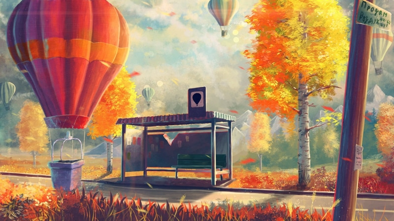 no people, air, heat - temperature, orange color, painting, nature, tree, birch, hot, mid-air, multi colored, flying, balloon, artwork, outdoors, autumn