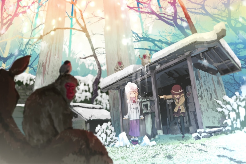 lifestyles, winter, building exterior, illustration, people, branch, anime, outdoors, religion, hanging, plant, tree, woman, clothing, snow, two, day, warm clothing