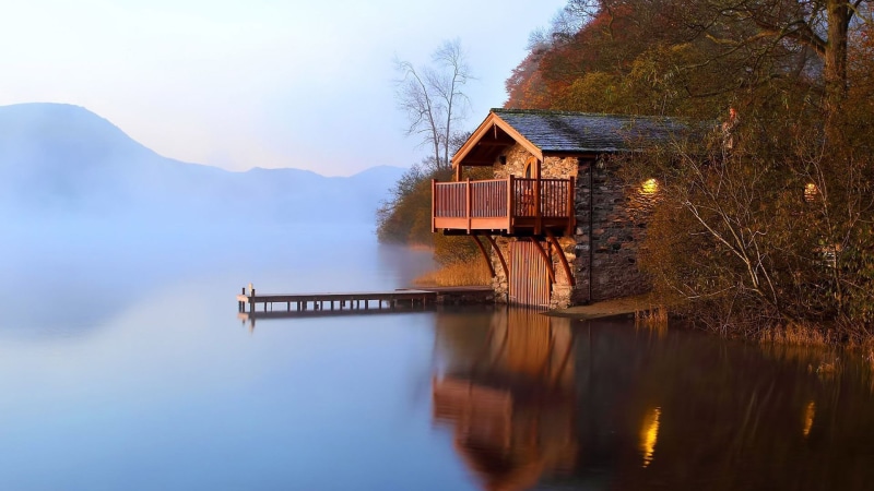 outdoors, nature, sky, lake, boathouse, sea, architecture, no people, beauty in nature, landscape, mountain, river, built structure, 1080P, ocean, trees