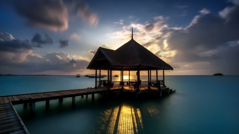 reflection, landscape, sunset, clouds, boat, tourism, tree, vacation, travel, dusk, ocean, luxury, trees, structure, built structure, gazebo, island, river