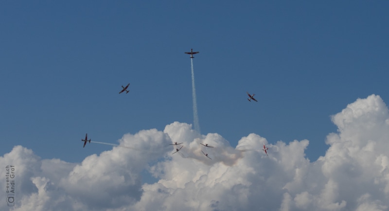 sky, airshow, motion, pilatus, airplane, mode of transportation, plane, teamwork, aerobatics, low angle view, flugshow, 2K, mid-air, vapor trail, cooperation
