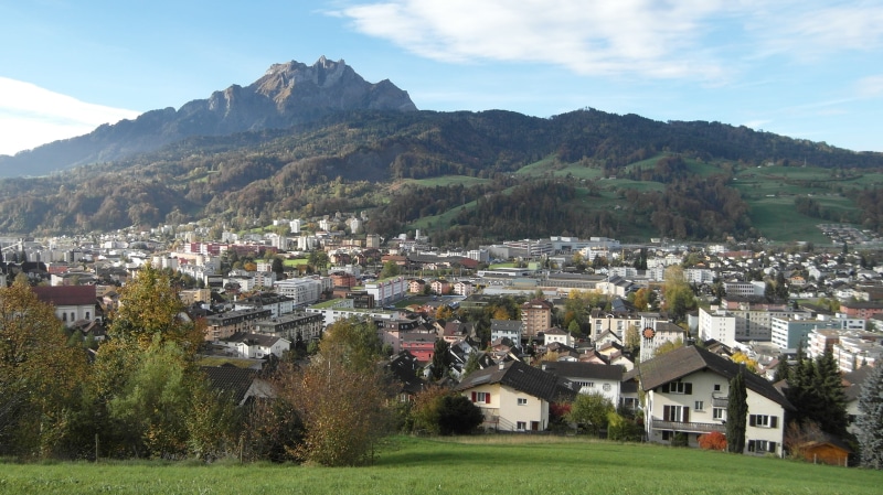 high angle view, mountain, residential district, architecture, outdoors, day, tree, sky, lucerne, switzerland, 2K, horw, house, townscape, building, beauty in nature