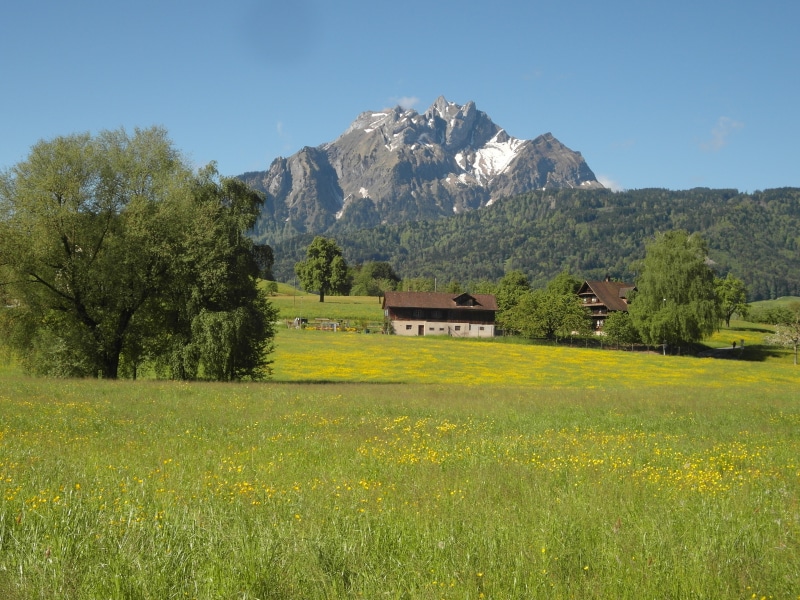 landscape, sky, mountain, building, mountain range, tranquil scene, horw, land, outdoors, 2K, plant, nature, pilatus, blue, built structure, field, switzerland