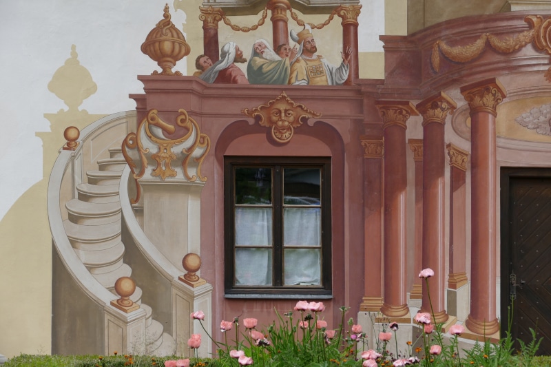 staircase, built structure, lüftlmaler, lüftlmalerei, french zwinck, upper bavaria, oberammergau germany, slip painting, home, building exterior, austrian