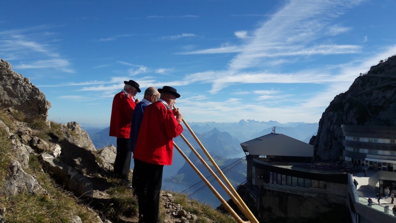 males, men, sky, wind instrument, cloud - sky, beauty in nature, outdoors, wood instrument, real people, traditionally, people, two people, 4K, alphorn