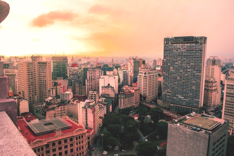 downtown, building exterior, tall - high, built structure, sunset, high angle view, saopaulo, financial district, office building exterior, city, apartment