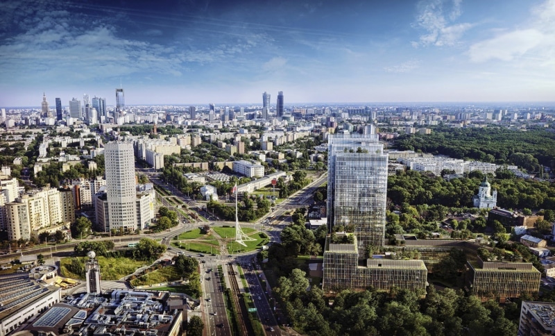 building exterior, building, tall - high, built structure, residential district, 720P, skyscraper, modern, tree, Warsaw, plant, city life, cityscape, skyline