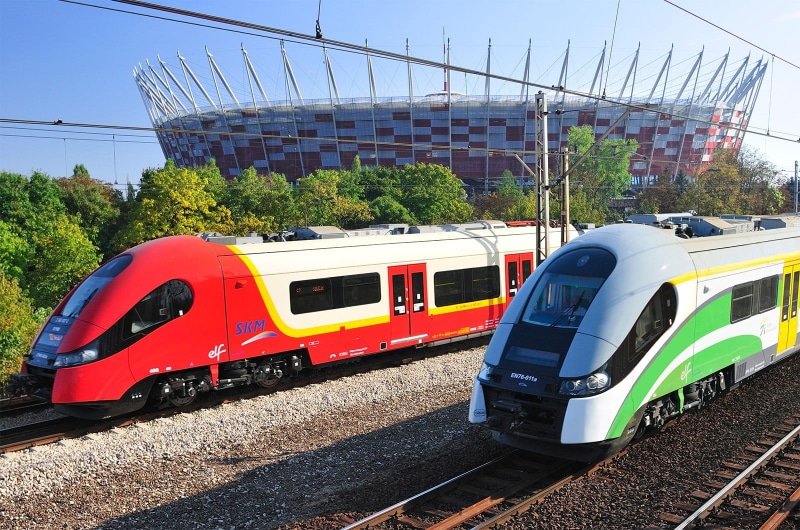 travel, sunlight, electricity, plant, 720P, transportation, railroad track, cable, train - vehicle, sky, day, red, mode of transportation, track, Warsaw
