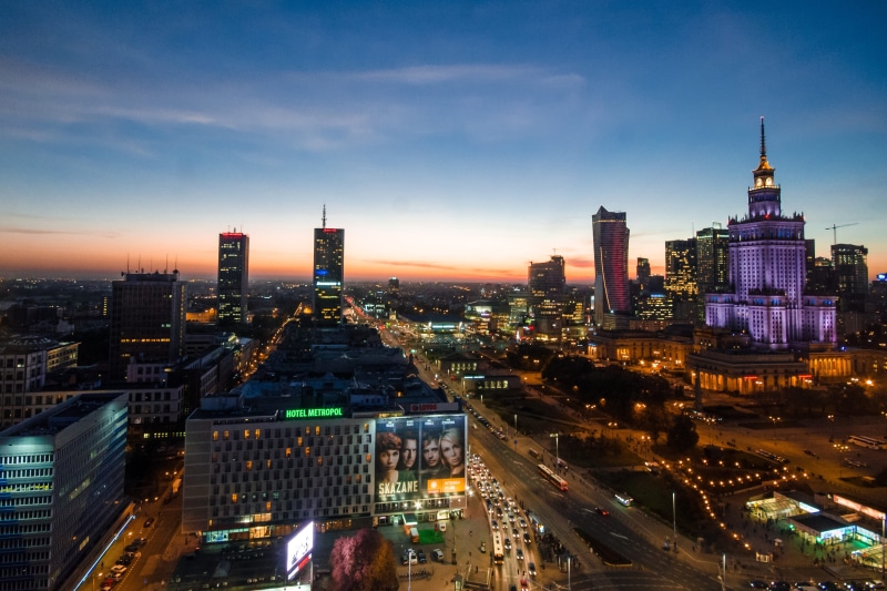 financial district, 4K, illuminated, cityscape, outdoors, residential district, poland, street, warsaw, city, office building exterior, city life, architecture