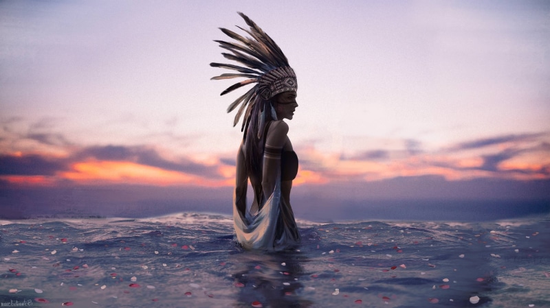 indian, 2K, sunset, Native American Clothing, water, women, digital art
