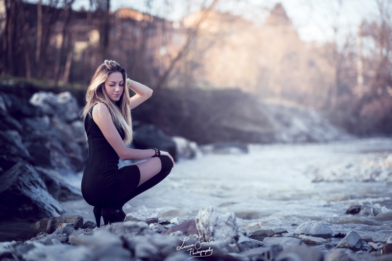 rock - object, Girl, solid, Sky, Light, casual clothing, real people, sleeveless, mini, beauty in nature, River, women, Blonde, Portrait, rock, lifestyles