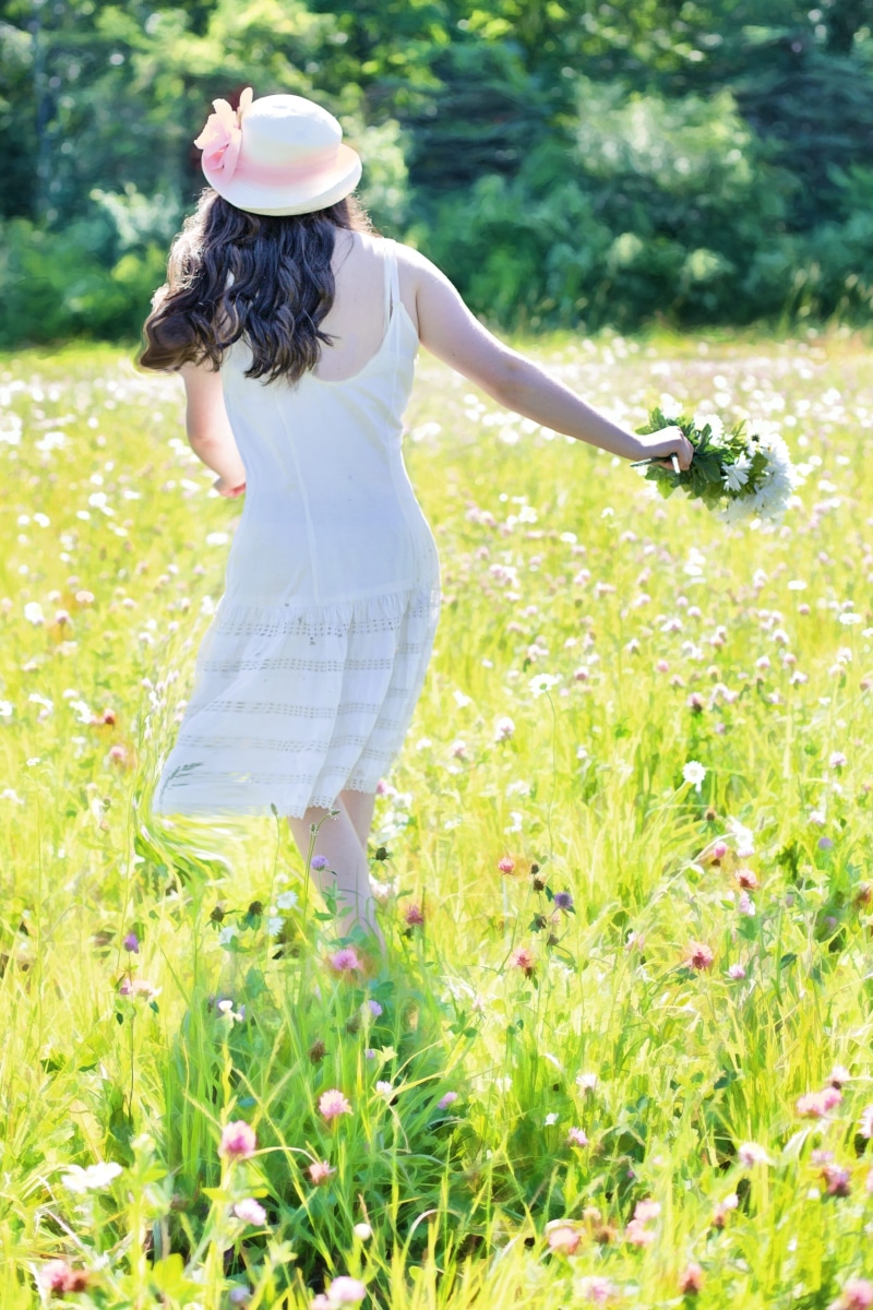 wildflowers, hat, happiness, cute, hair, land, women, rear view, day, pretty girl in wildflowers, grass, spaghetti strap, one Person, dress, fashion, hairstyle