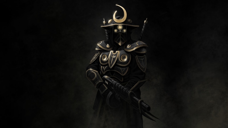 full, night, rifle, E.Y.E: Divine Cybermancy, single object, spooky, sculpture, black background, 1080P, plated, metal, dark, soldier, indoors, art and craft