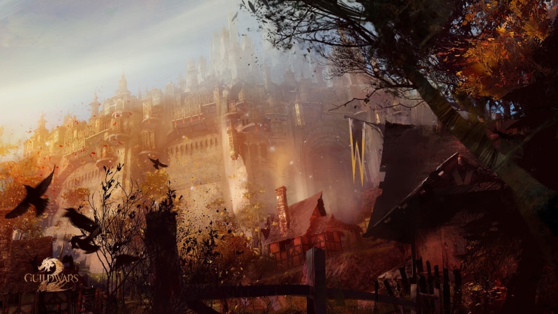autumn, change, built structure, day, 1080P, smoke - physical structure, building, residential district, tree, Guild Wars 2, Divinitys Reach, Guild Wars