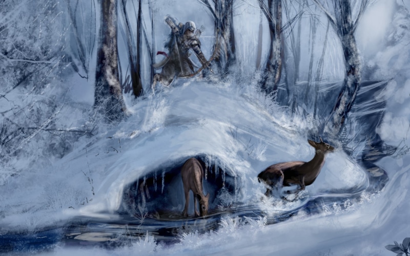 1080P, art, video, rivers, paintings, sports, warriors, nature, assasin 039 s, bow, creed, stream, winter, games, connor, landscapes, snow, weapons, hunting
