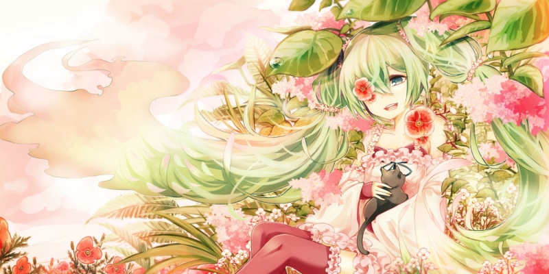 cat, eyes, miku, 720P, vocaloid, twintails, hair, green, kaio, thighhighs, long, animal, hatsune, flowers, watagami