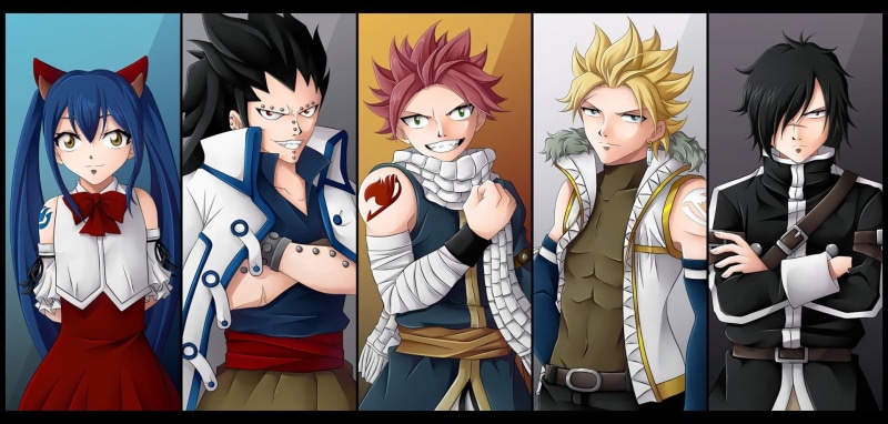black background, portrait, Gajeel Redfox, disguise, group of people, young men, Rogue Cheney, human face, unrecognizable person, people, Wendy Marvell