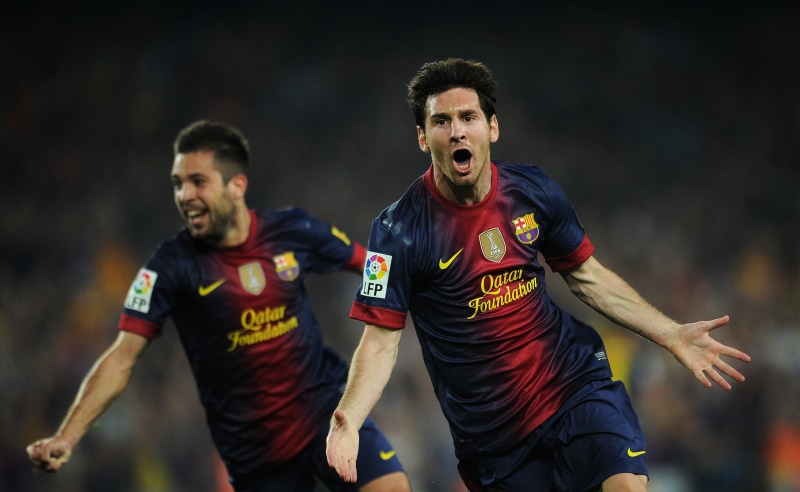 golaso, clothing, Jordi Alba, sportsman, Lionel Messi, motion, running, vitality, excitement, shirt, the celebration, arms raised, stadium, young adult