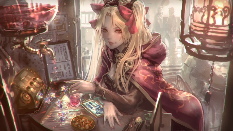 twintails, red ribbons, long sleeves, artwork, fan art, skull, arched back, tiaras, small boobs, Kaburagi Yasutaka, red lipstick, smile, Ereshkigal (Fate/Grand Order)