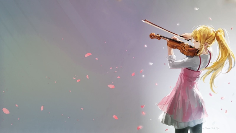 Shigatsu wa Kimi no Uso, standing, arts culture and entertainment, musician, one person, blond hair, adult, hairstyle, long hair, side view, females, clothing