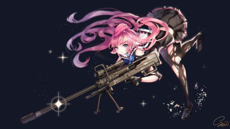futuristic, skirt, motion, musical instrument, music, one person, pink color, Girls Frontline, night, illuminated, sniper rifle, studio shot, arts culture and entertainment