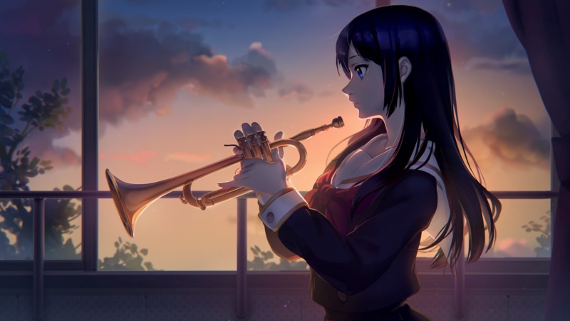 musician, music, trumpets, window, musical instrument, long hair, Kousaka Reina, Hibike! Euphonium, 1080P, dark hair, evening, school uniform, blue eyes
