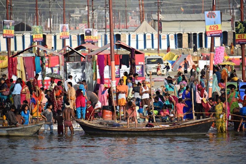outdoors, nautical vessel, portrait, ganges, building exterior, festival, river, spiritual, real people, architecture, people, hectic, transportation, pragraj
