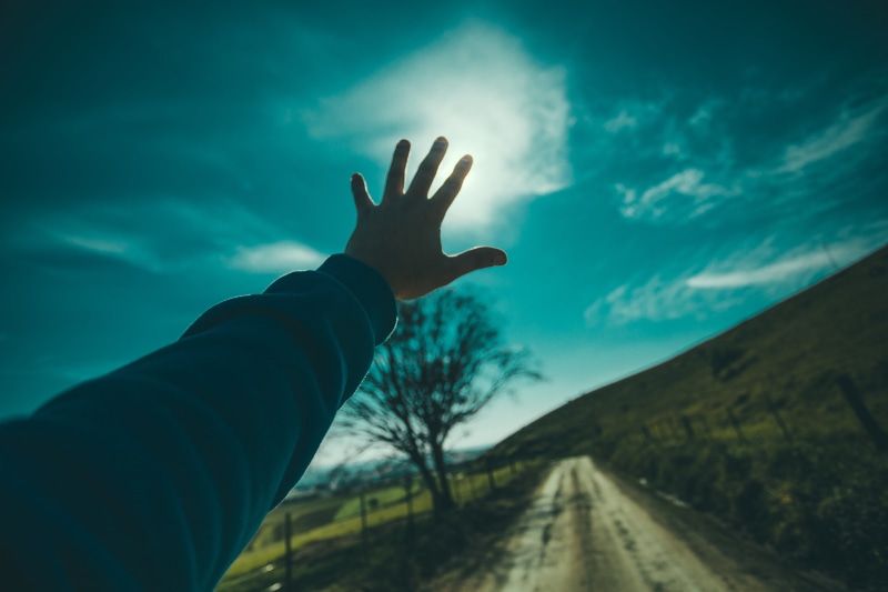 trees, out, outdoors, the way forward, day, one person, stop gesture, sweatshirt, personal perspective, reaching, raising, real people, human body part