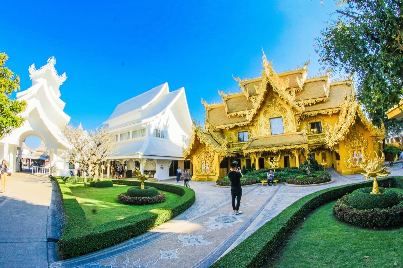 building, footpath, ornate, sculpture, travel, buddhist, sky, day, plants, Asian, royal, tourism, tree, outdoors, buddha, trees, 2K, blue, lawn, architectural