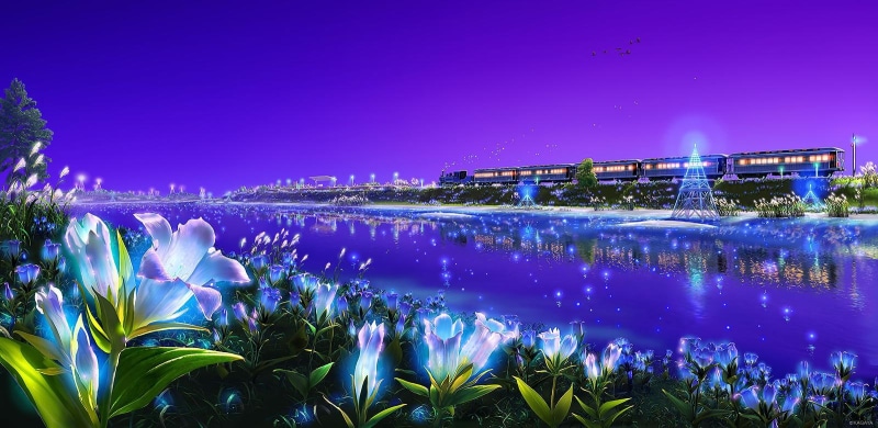 flowers, blue, valley, night, purple, lights, wagons, reflex, water, train, 720P, stars, beautyful, lake, pretty, beauty