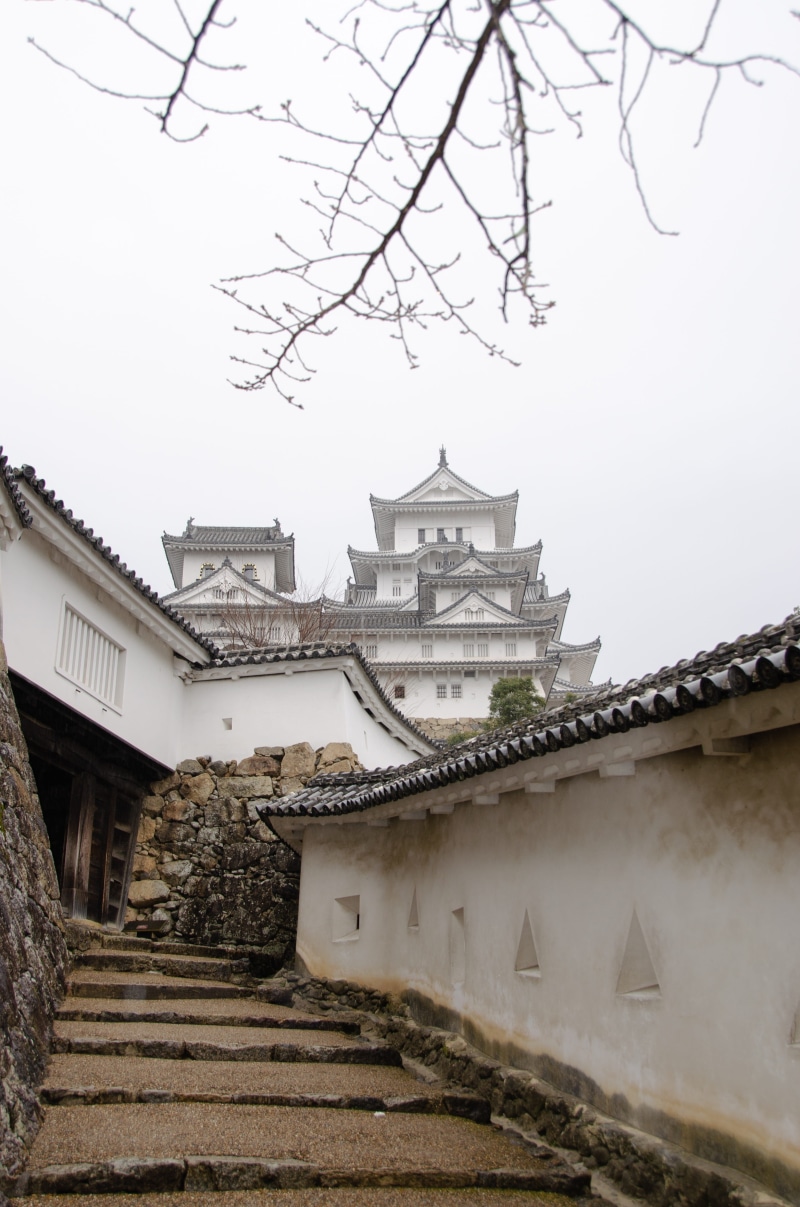 historic, castle, japan, 4K, staircase, outdoors, history, tourism, belief, religion, architecture, white, low angle view, roofing, tree, steps and staircases
