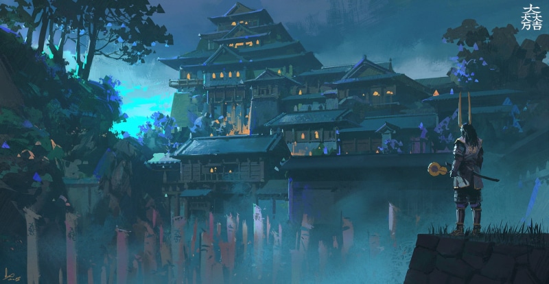Japan, castle, digital, cyan, artwork, 720P, men, samurai