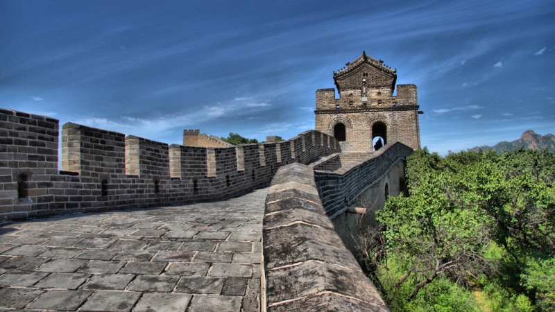 outdoors, built structure, 1080P, cloud - sky, brick, no people, wall, travel, history, ancient, tree, Great Wall of China, plant, nature, travel destinations