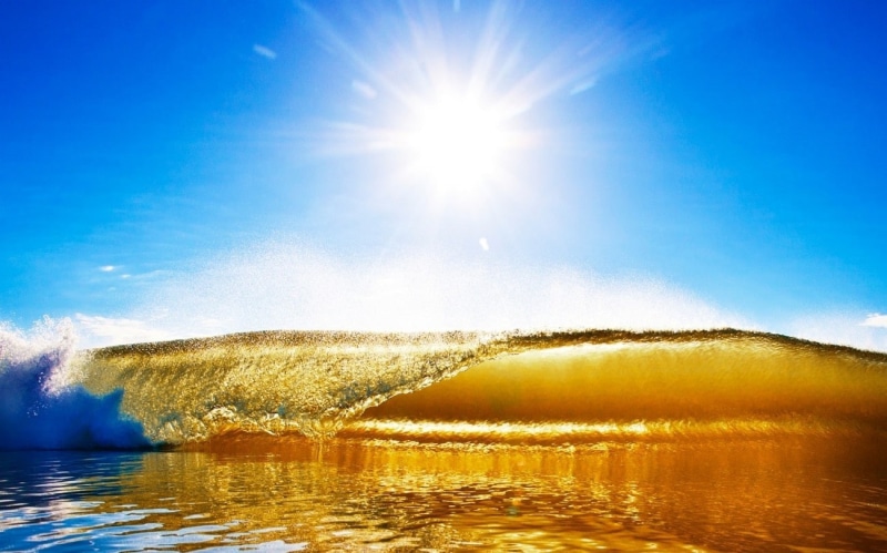bright, sunlight, cyan, gold, coast, sea, water, splashes, Sun, beach, clear sky, landscape, 720P, nature, waves