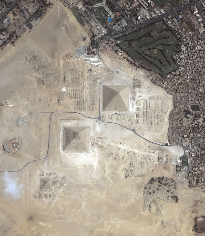 city, the past, building exterior, archaeology, outdoors, pyramid, Egypt, building, aerial view, art and craft, view, Pyramids of Giza, 1080P, water, nature