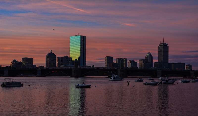 building, twilight, cityscape, built structure, massachusetts, water, sky, united states, skyscraper, usa, reflection, boston, 5K, office building exterior