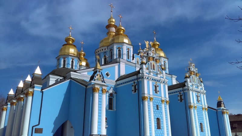 low angle view, ancient, city, low angle shot, sacred, spirituality, building exterior, architecture, religion, kiev, cathedral, ukraine, belief, blue sky