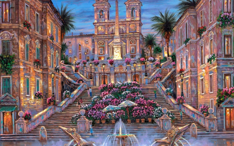 paintings, robert, Fountain, Trees, Steps, Finale, 1080P, buildings, sky, flowers, water, Place, window, artistic, Italy, Cathedral, Rome, Spanish, Statue